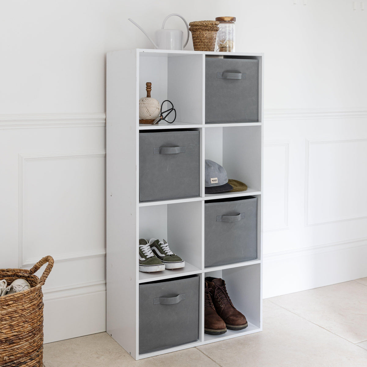 Cara 8 Cube Storage Unit in Chalk White & 4 Grey Handled Box Drawers