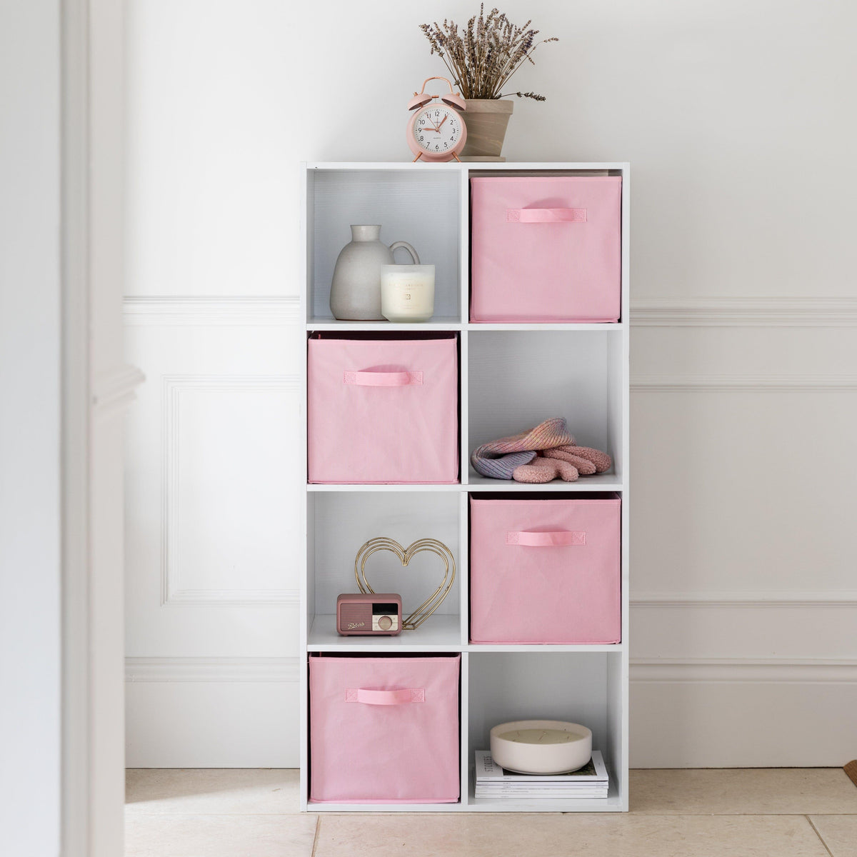Cara 8 Cube Storage Unit in Chalk White & 4 Pink Handled Box Drawers