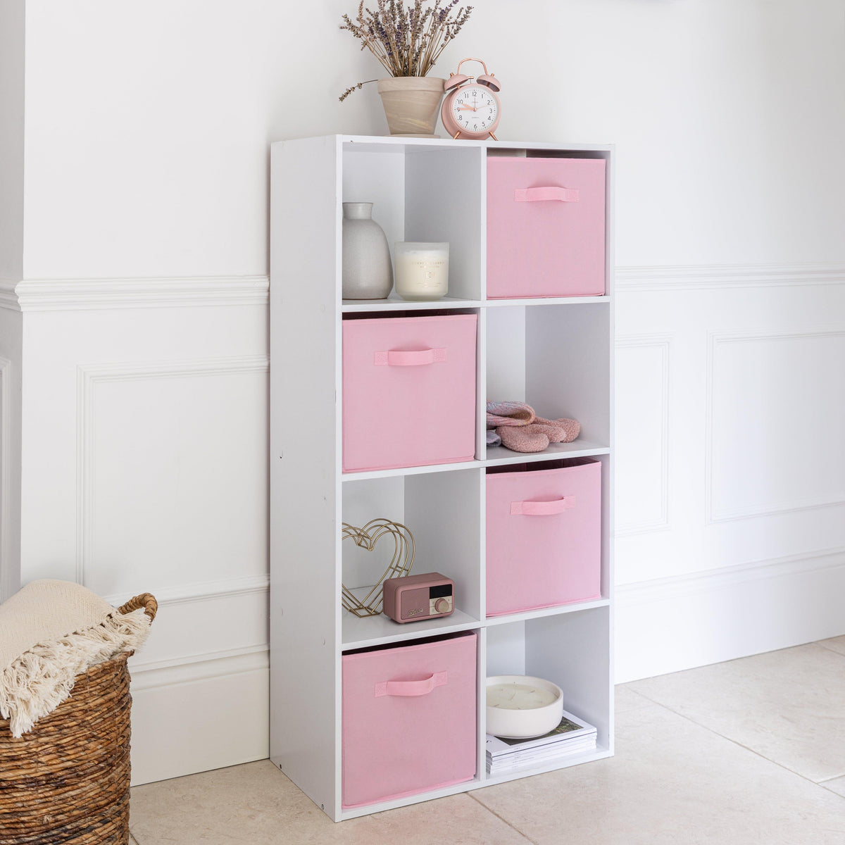Cara 8 Cube Storage Unit in Chalk White & 4 Pink Handled Box Drawers