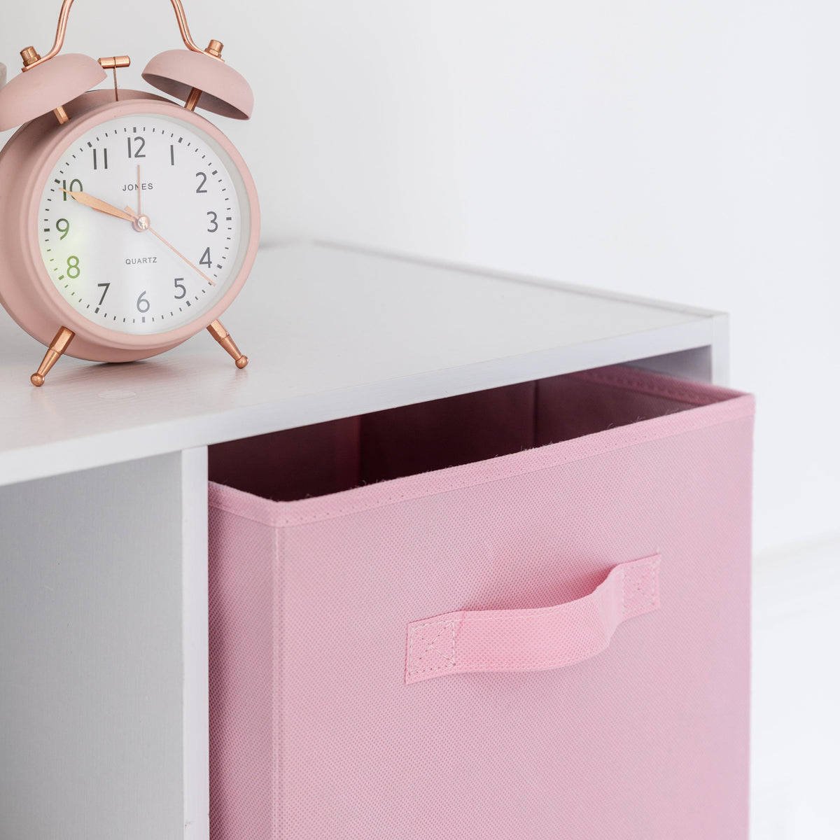 Cara 8 Cube Storage Unit in Chalk White & 4 Pink Handled Box Drawers