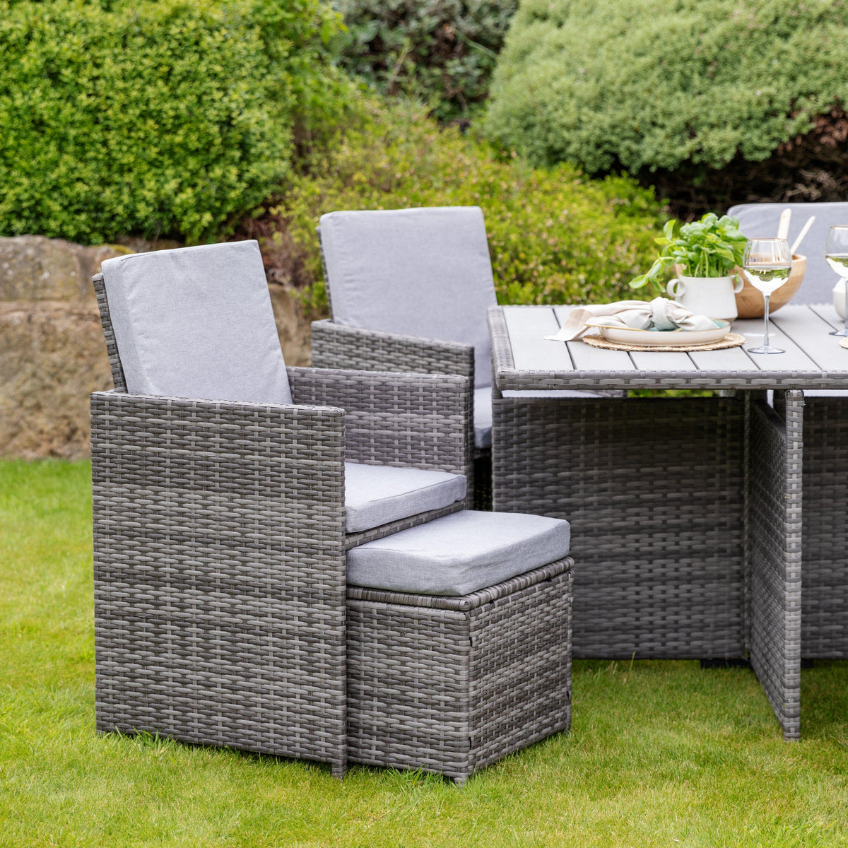 Cube 8 Seater Rattan Outdoor Dining Set - Grey Weave Polywood Top