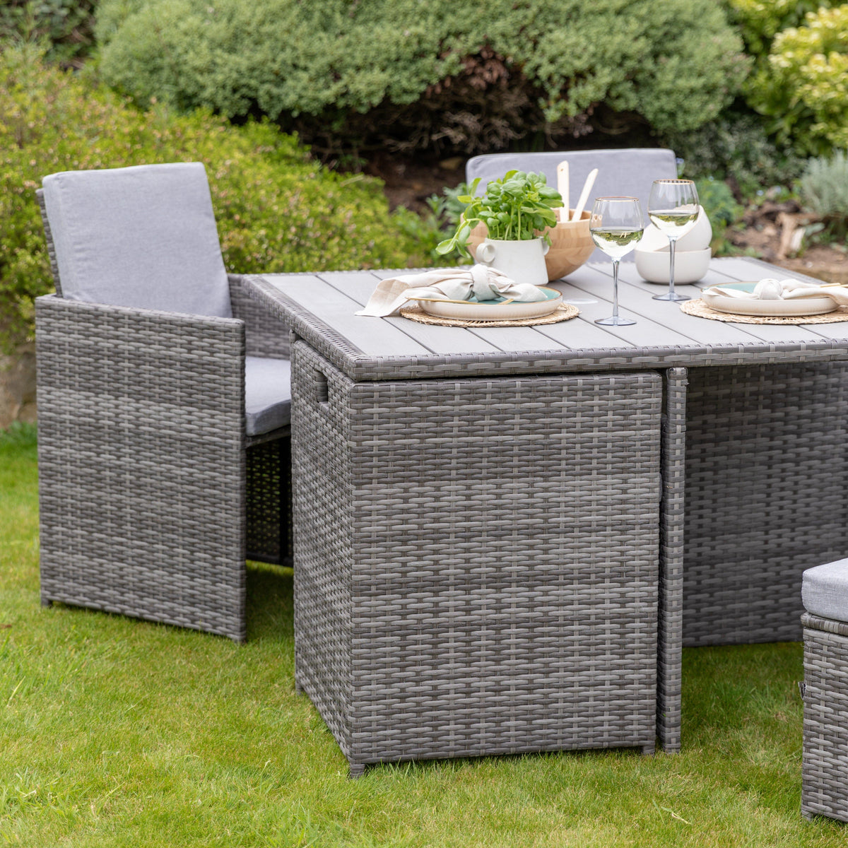Cube 8 Seater Rattan Outdoor Dining Set - Grey Weave Polywood Top