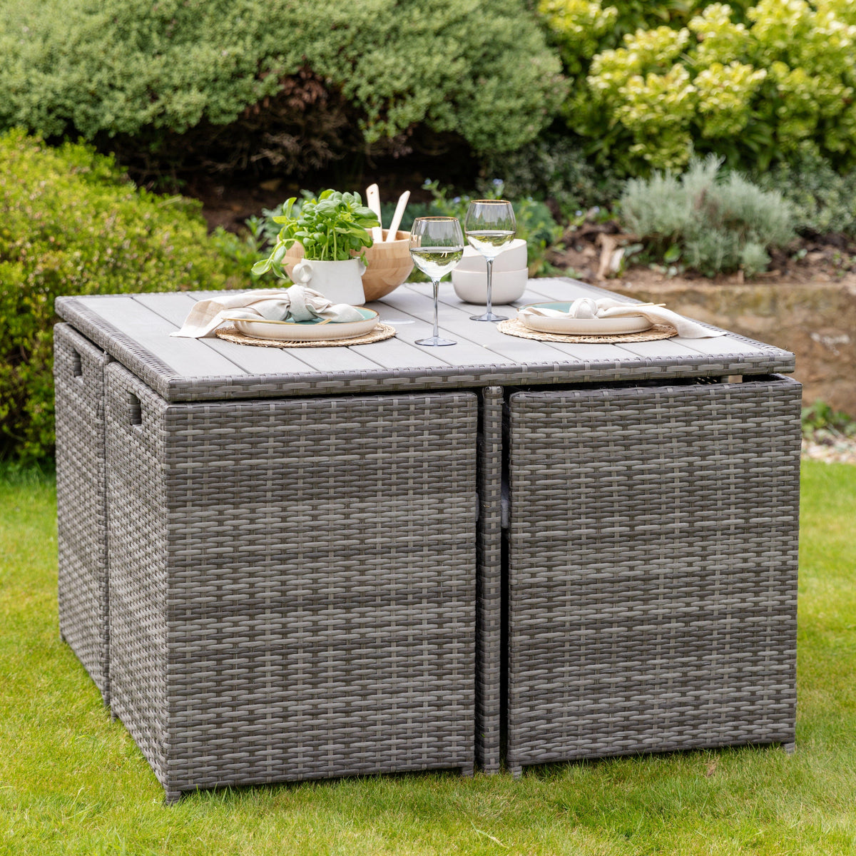 Cube 8 Seater Rattan Outdoor Dining Set - Grey Weave Polywood Top