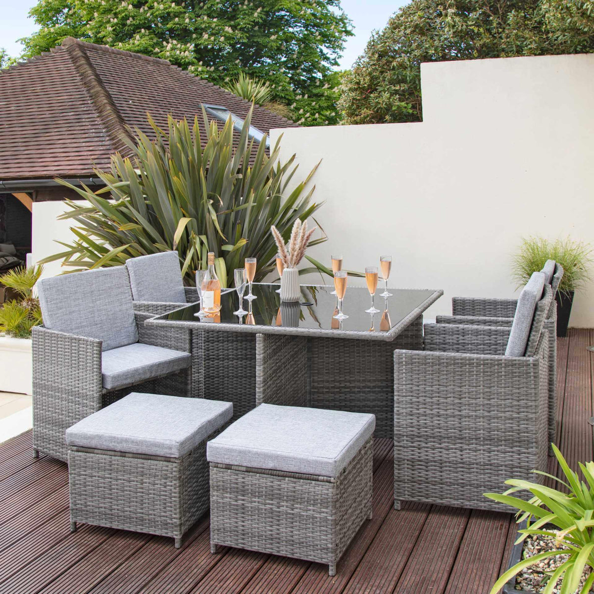 OUTLET - 8 Seater Rattan Cube Outdoor Dining Set - Grey Weave with Grey Cushions