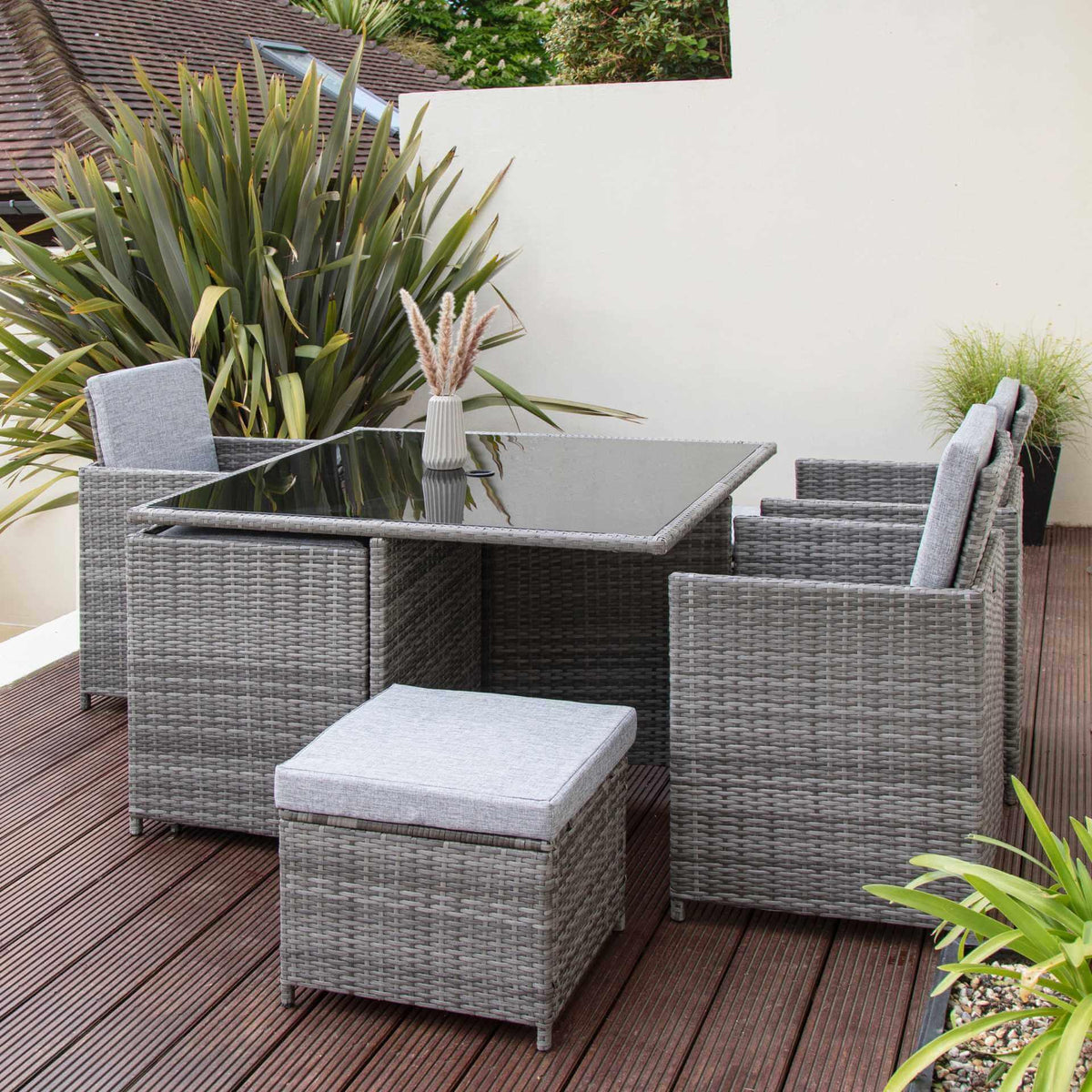 OUTLET - 8 Seater Rattan Cube Outdoor Dining Set - Grey Weave with Grey Cushions