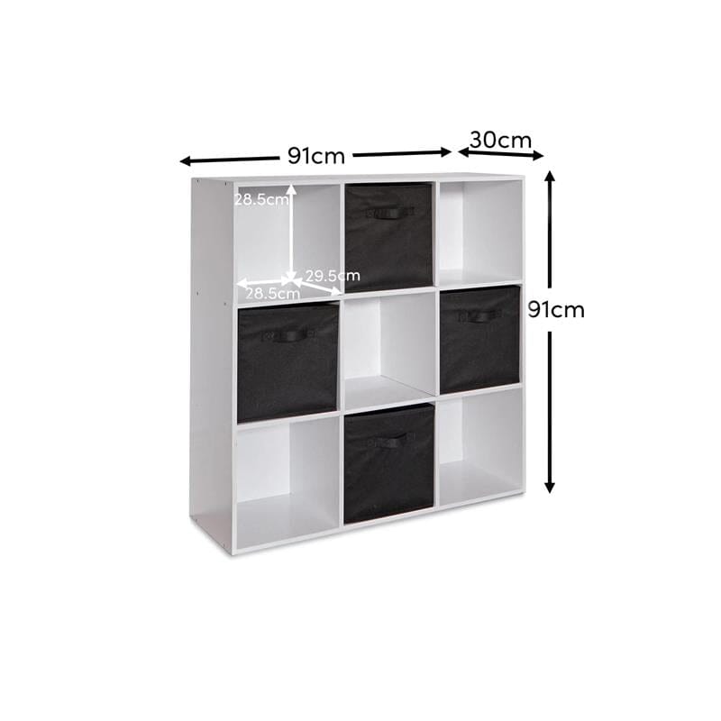 Cara 9 Cube Storage Unit - Chalk White Bookcase with Black Boxes