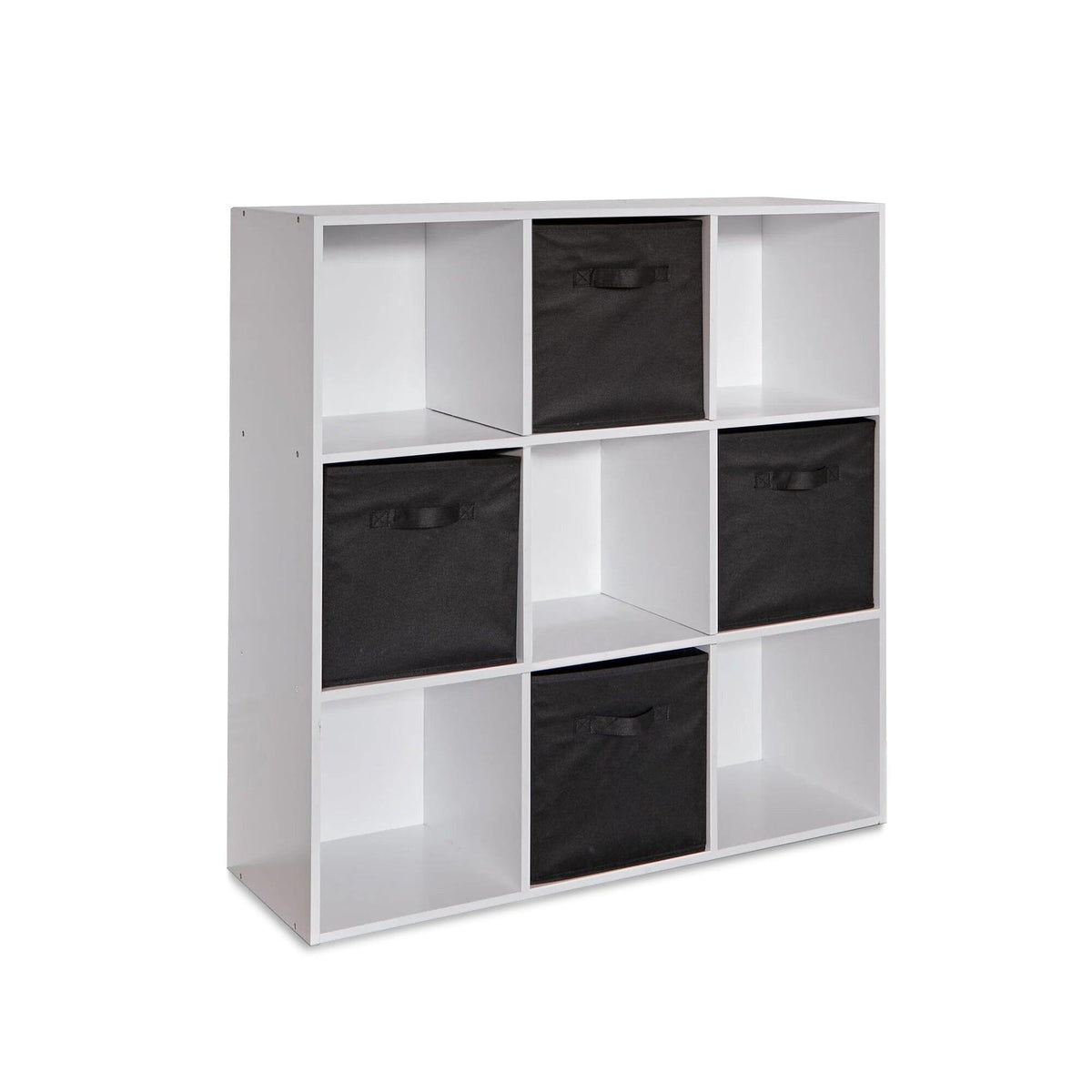 Cara 9 Cube Storage Unit - Chalk White Bookcase with Black Boxes