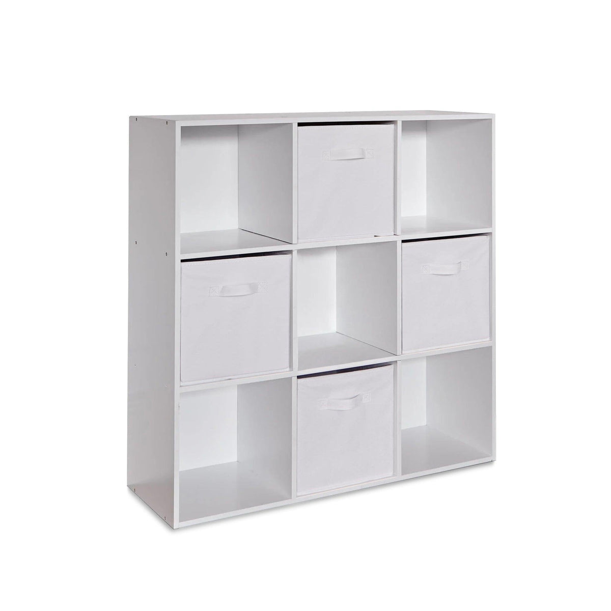Cara 9 Cube Storage Unit - Chalk White Bookcase with White Boxes