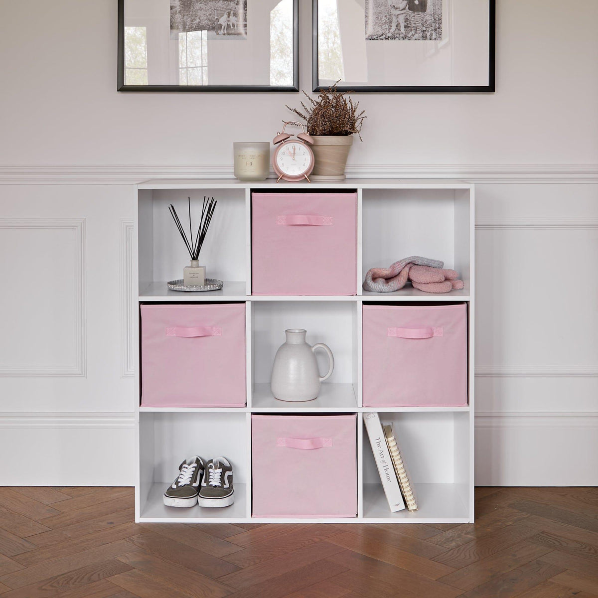 Cara 9 Cube Storage Unit - Bookcase & 4 Pink Handled Box Drawers