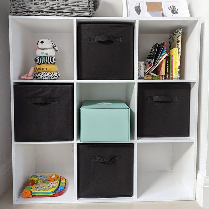 Cara 9 Cube Storage Unit - Chalk White Bookcase with Black Boxes