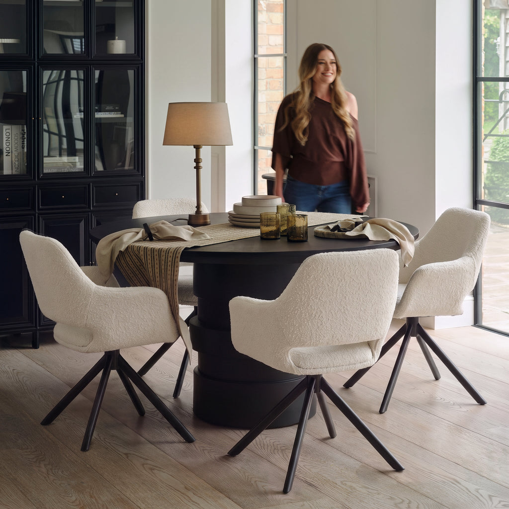 Adam Jet Black Mango Wood Round Dining Table Set - 4 Seater - Parker Snow White Boucle Chairs - Black Metal Legs