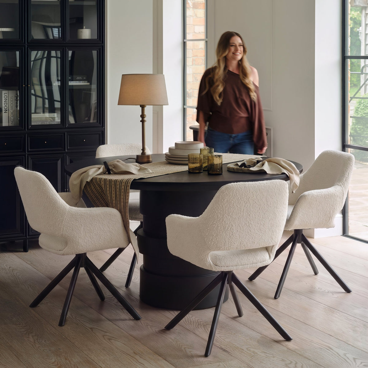 Adam Jet Black Mango Wood Round Dining Table Set - 4 Seater - Parker Snow White Boucle Chairs - Black Metal Legs