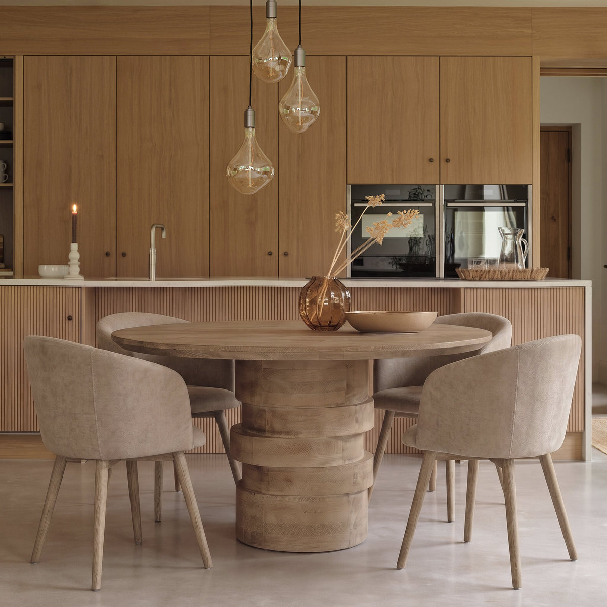Adam 135cm Almond Brown Round Dining Table Set - 4 Seater - Archer Natural Brown Dining Chairs - Almond Brown Legs