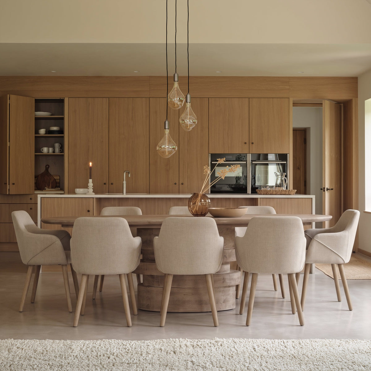Adam 240cm Almond Brown Oval Dining Table Set - 8 Seater - Freya Sand Dining Armchairs - Almond Brown Legs
