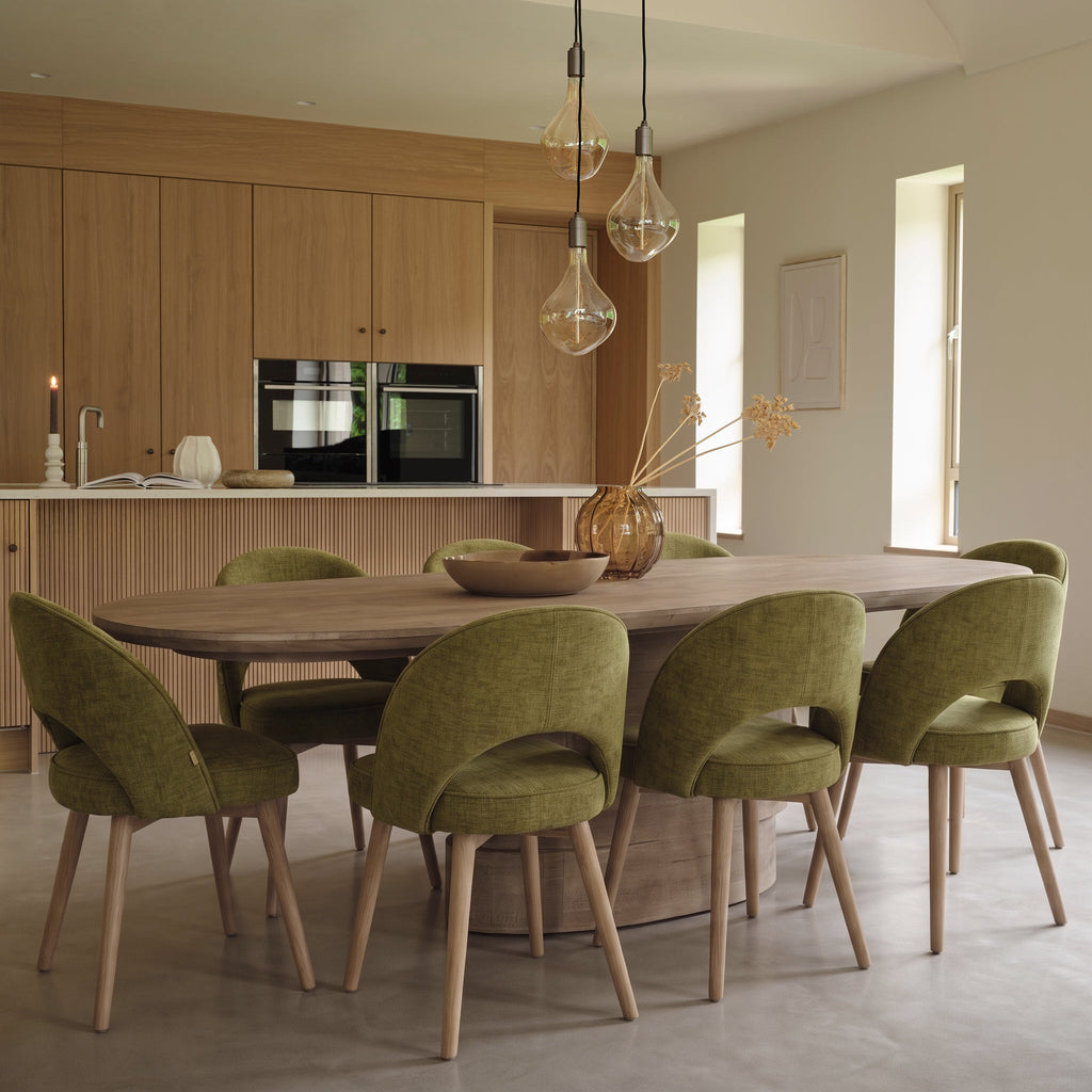 Adam 240cm Almond Brown Oval Dining Table Set - 8 Seater - Marilyn Moss Green Dining Chairs - Almond Brown Legs