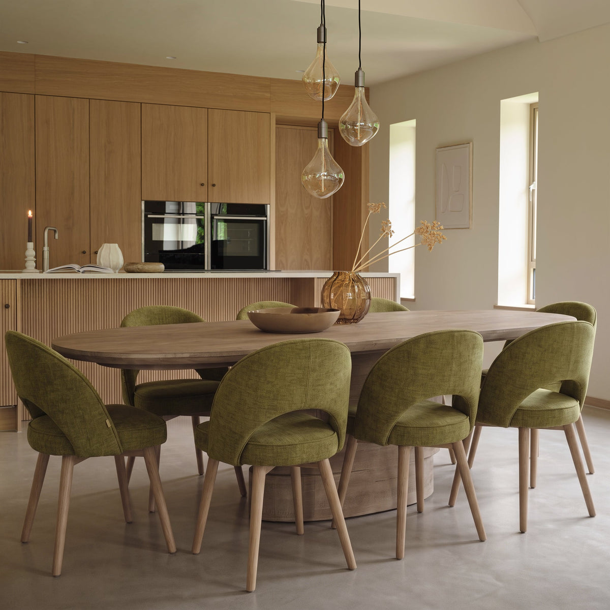 Adam 240cm Almond Brown Oval Dining Table Set - 8 Seater - Marilyn Moss Green Dining Chairs - Almond Brown Legs