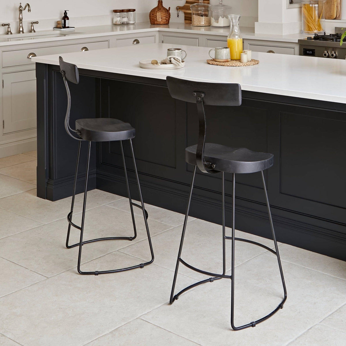 Aiden Black Mango Wood Bar Stools - Set of 2  - Black Iron Legs