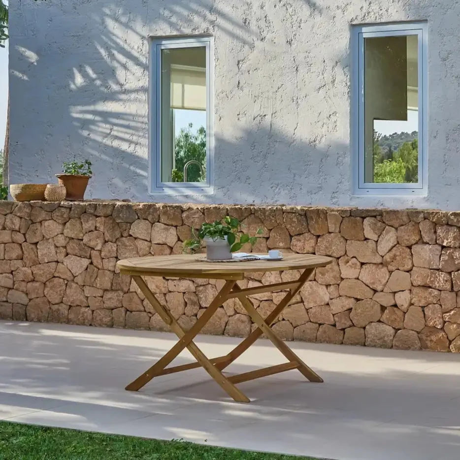 Ashby 6 Seater Wooden Round Garden Dining Set with 6 Cove Rope Chairs & Grey LED Parasol  - 130cm