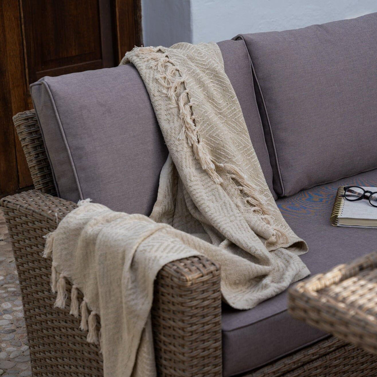 Aston Rattan Corner Sofa Set - 9 Seater - Natural Brown - Glass Table Top