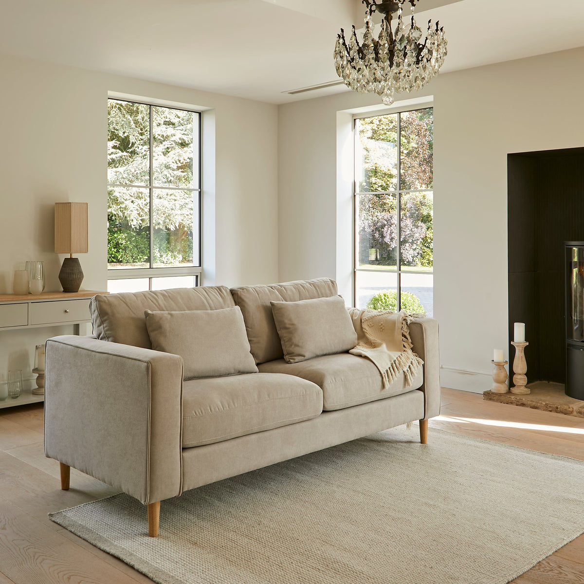 Emily 2 Seater Sofa - Soft Beige with Pale Oak Legs