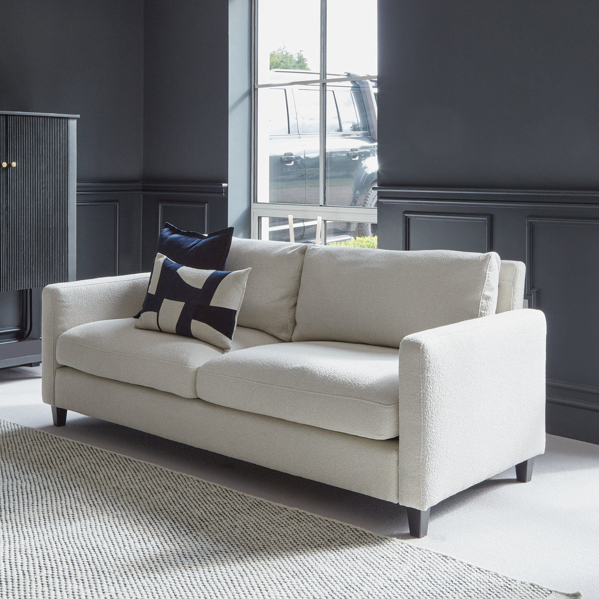 Ava 3 Seater Sofa - Light Beige Boucle with Black Oak Legs