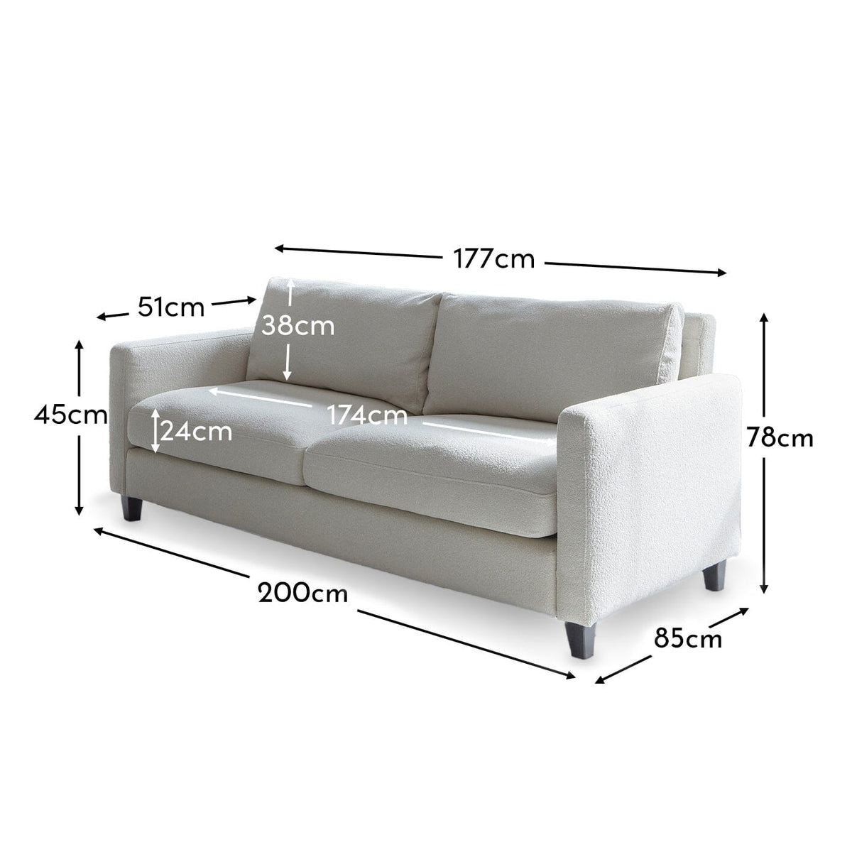 Ava 3 Seater Sofa - Light Beige Boucle with Black Oak Legs