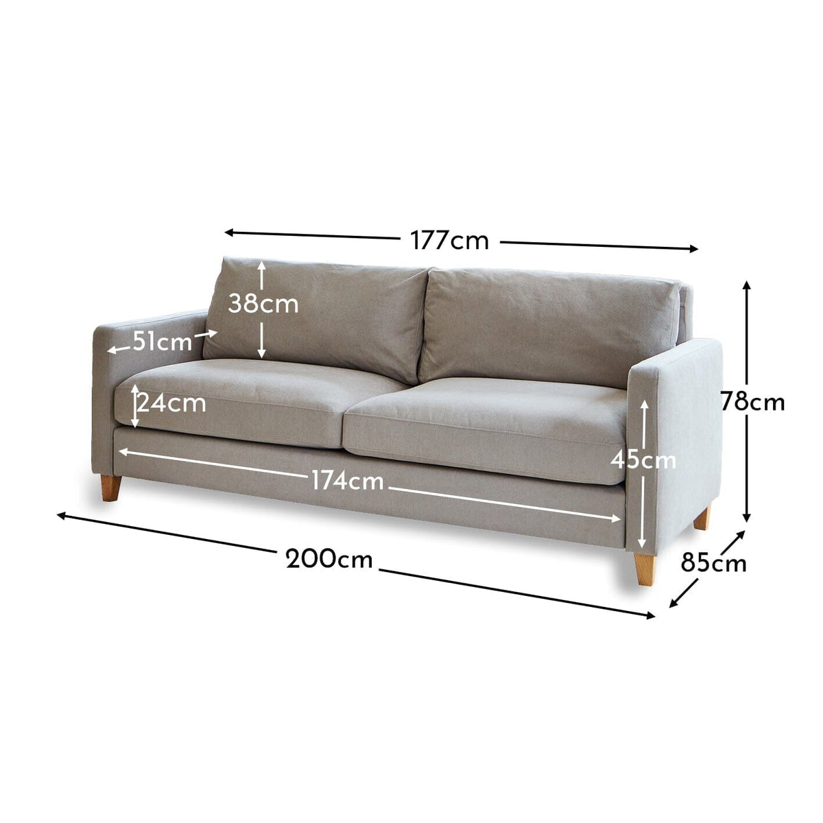 Ava 3 Seater Sofa - Soft Beige with Pale Oak Legs