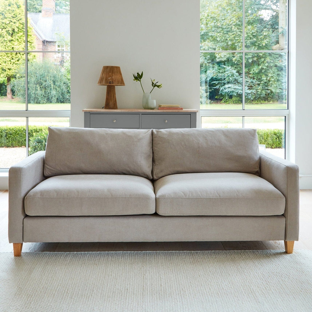 Ava 3 Seater Sofa - Soft Beige with Pale Oak Legs