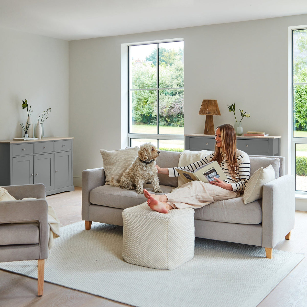 Ava 3 Seater Sofa - Soft Beige with Pale Oak Legs