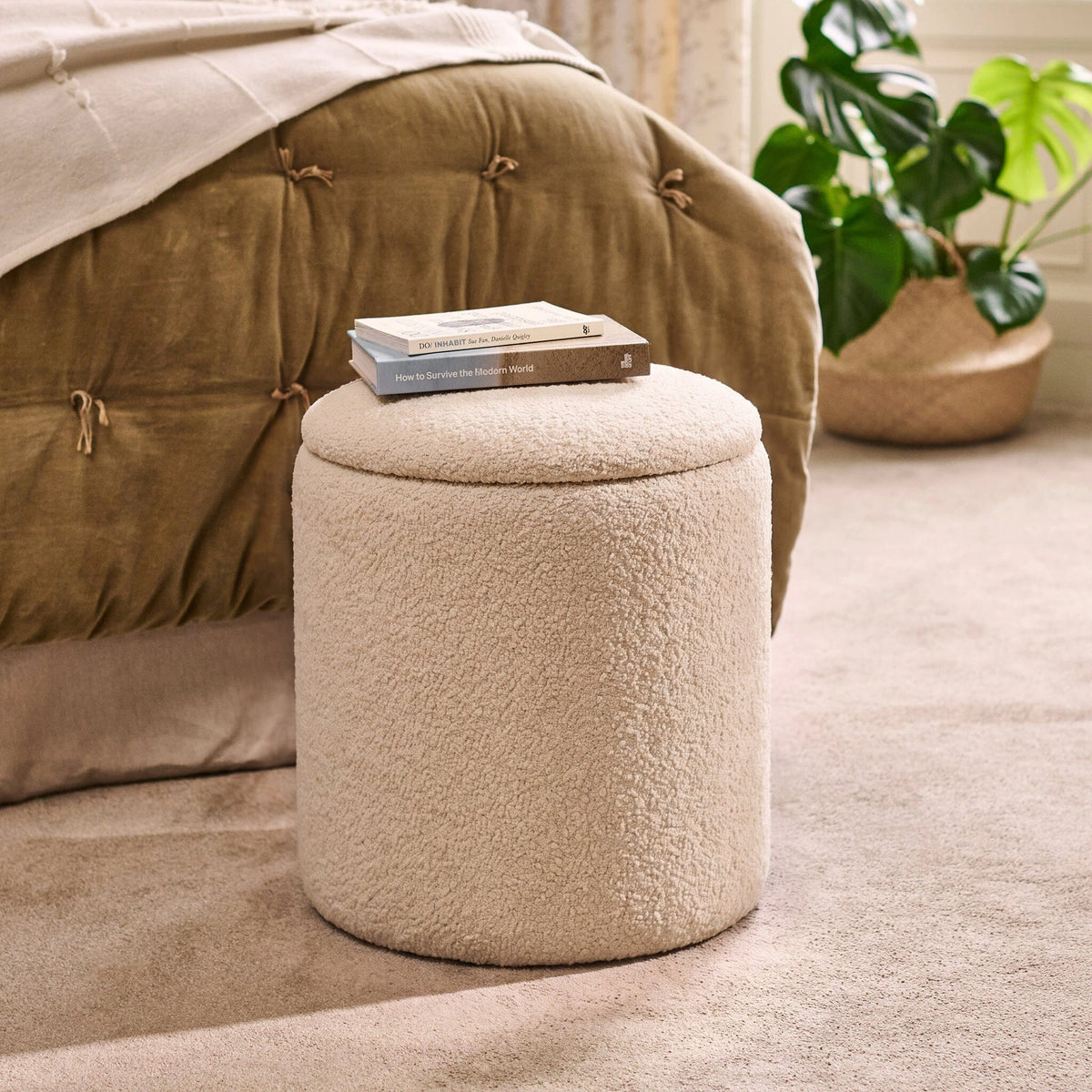 Abigail Storage Pouffe/Footstool - Light Beige Boucle