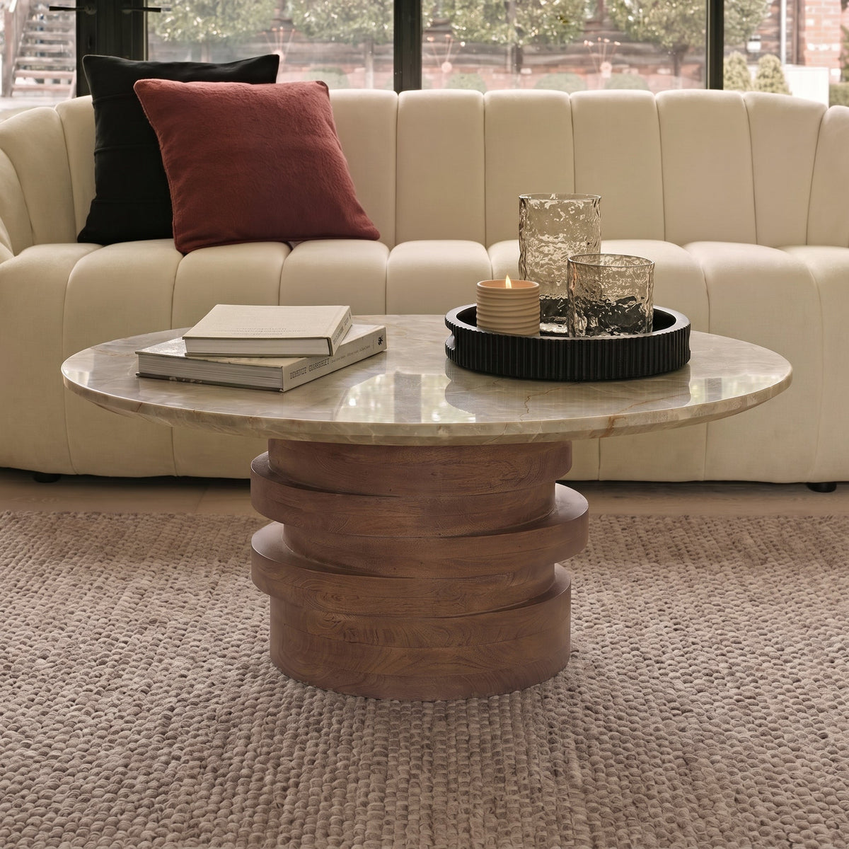 Adam 100cm Oval Almond Brown & Lady Grey Marble Coffee Table