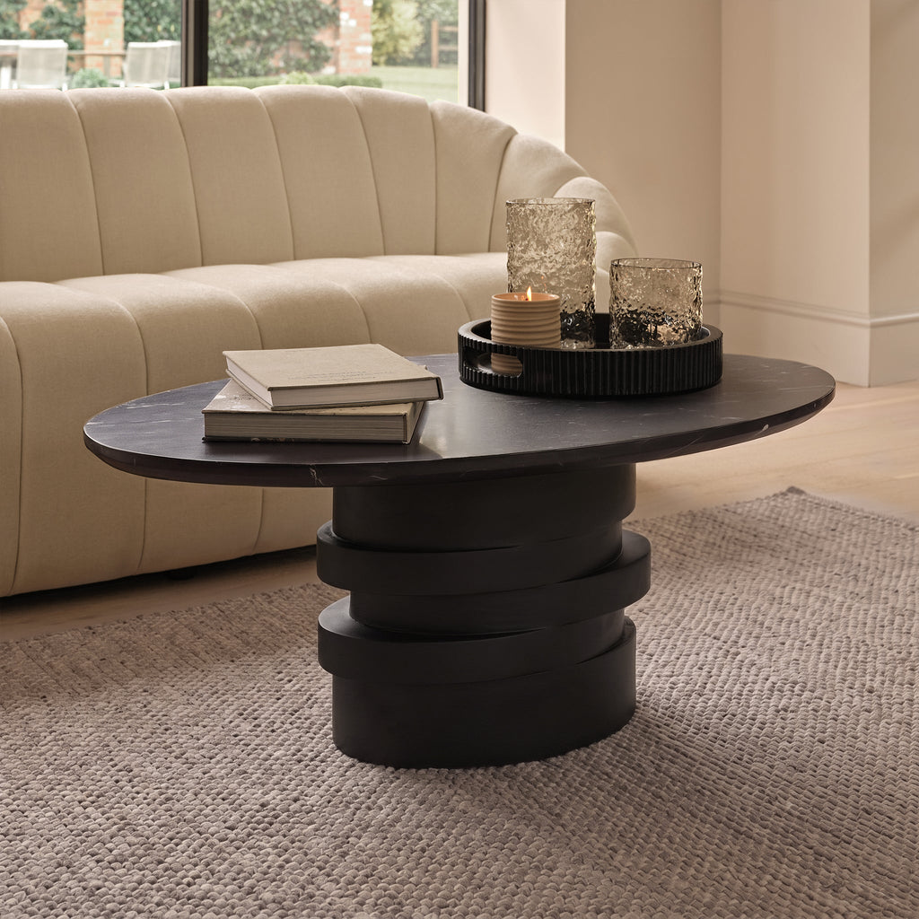 Adam 100cm Oval Jet Black Mango Wood & Black Marble Coffee Table
