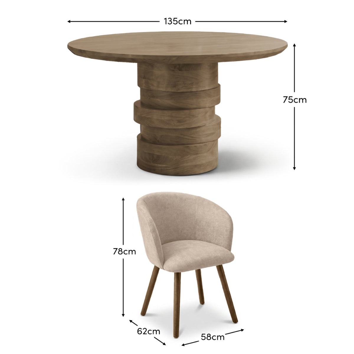 Adam 135cm Almond Brown Round Dining Table Set - 4 Seater - Archer Soft Beige Dining Chairs - Almond Brown Legs