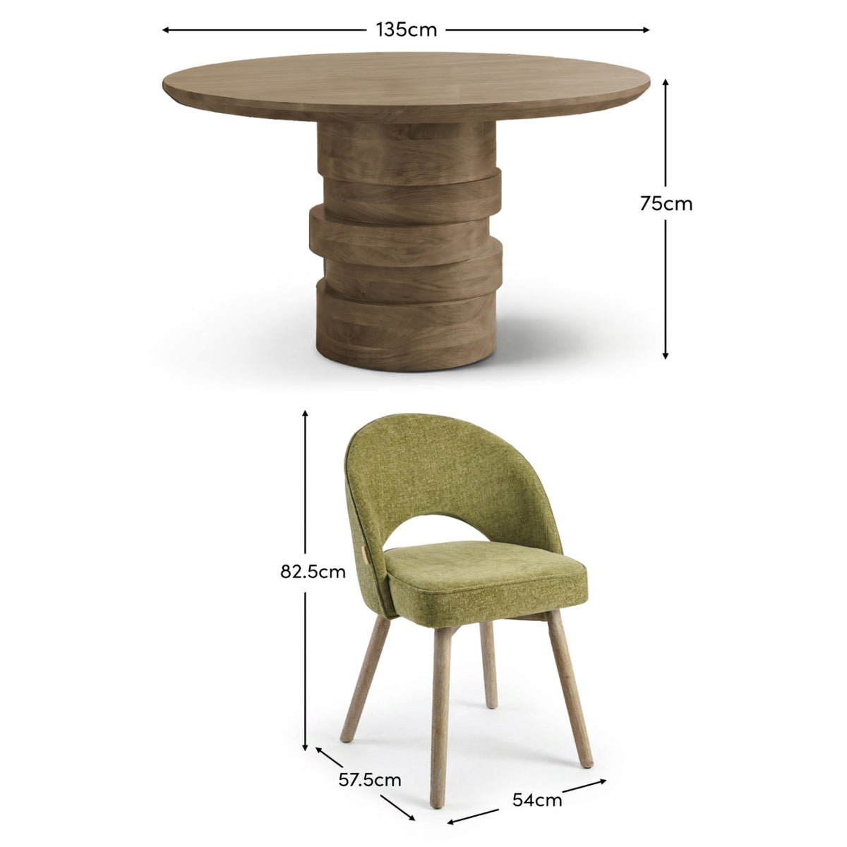 Adam Almond Brown Round Dining Table Set - 4 Seater - Marilyn Moss Green Dining Chairs - Almond Brown Legs