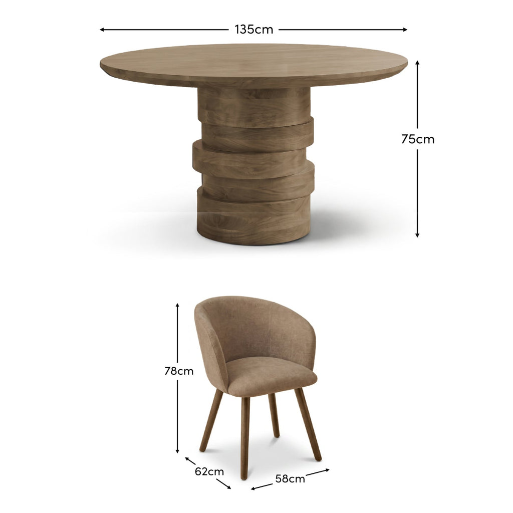 Adam 135cm Almond Brown Round Dining Table Set - 4 Seater - Archer Natural Brown Dining Chairs - Almond Brown Legs