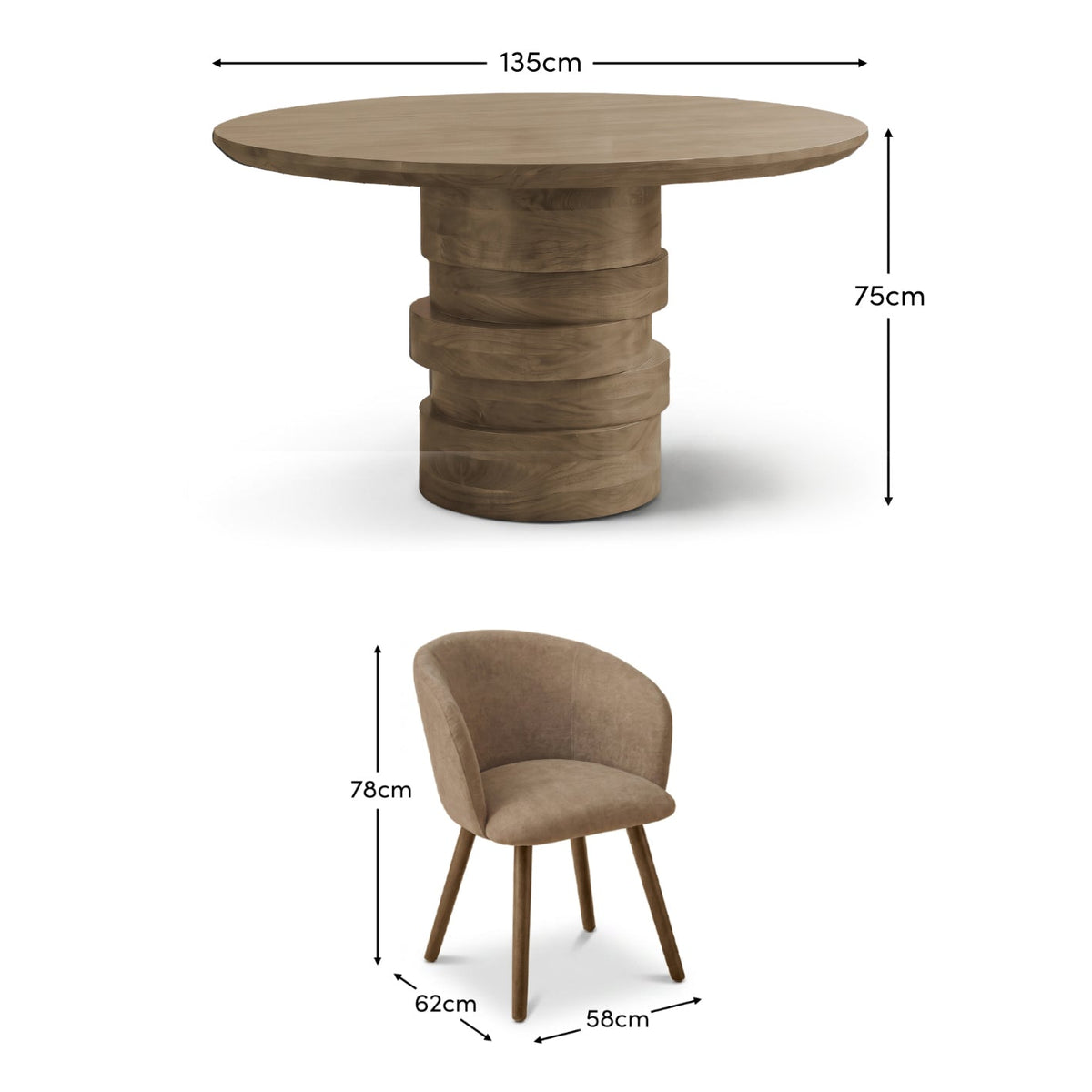 Adam 135cm Almond Brown Round Dining Table Set - 4 Seater - Archer Natural Brown Dining Chairs - Almond Brown Legs