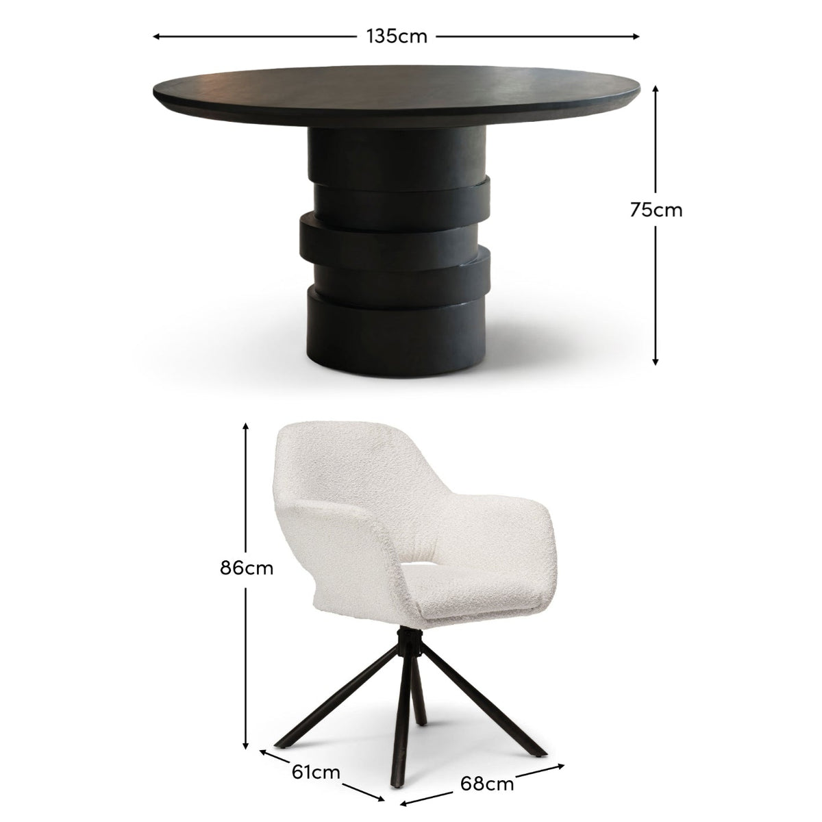 Adam Jet Black Mango Wood Round Dining Table Set - 4 Seater - Parker Snow White Boucle Chairs - Black Metal Legs