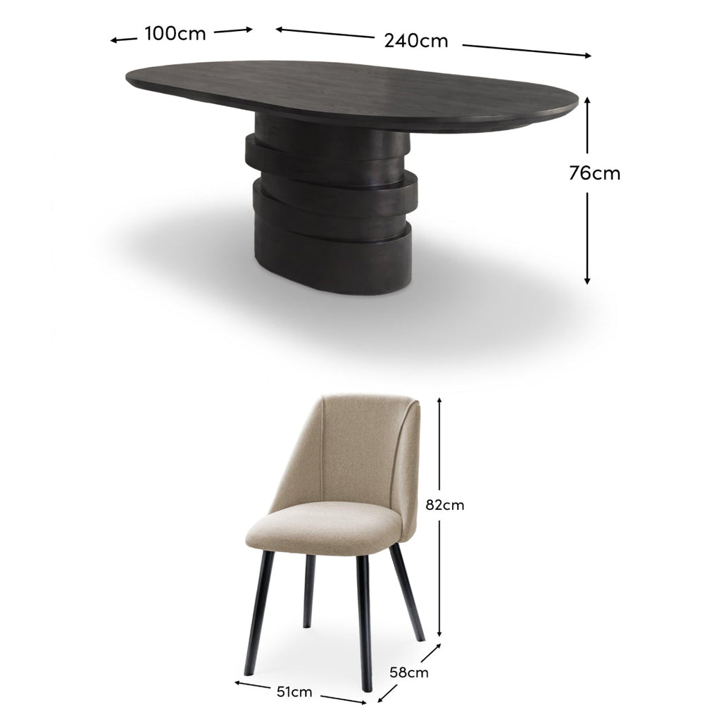 Adam 240cm Jet Black Mango Wood Oval Dining Table Set - 8 Seater - Freya Sand Dining Chair - Black Oak Legs