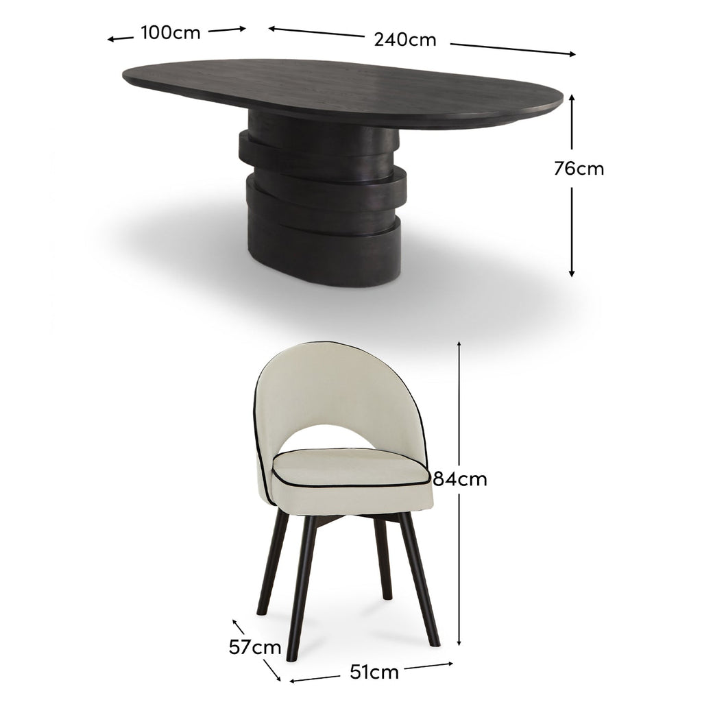 Adam 240cm Jet Black Mango Wood Oval Dining Table Set - 8 Seater - Marilyn Ivory with Jet Black Piping Dining Chairs - Black Oak Legs