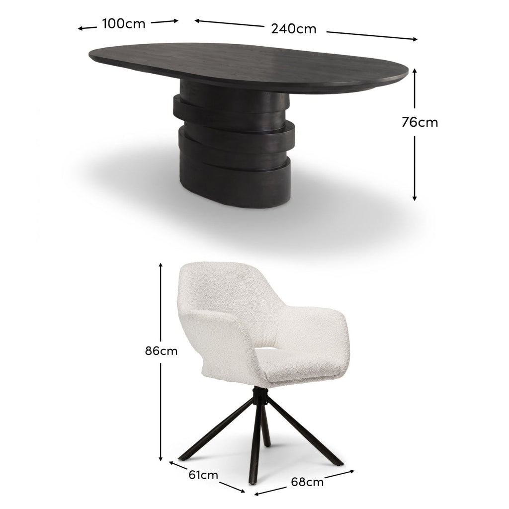 Adam 240cm Jet Black Mango Wood Oval Dining Table Set - 8 Seater - Parker Snow White Boucle Office Chairs - Black Metal Legs
