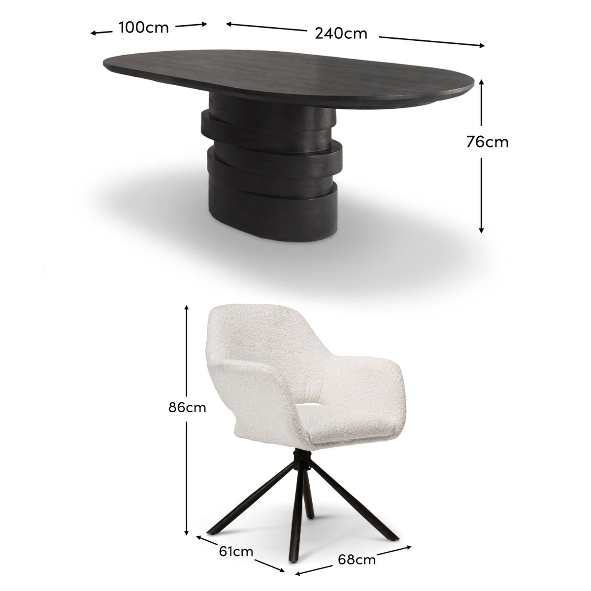 Adam 240cm Jet Black Mango Wood Oval Dining Table Set - 8 Seater - Parker Snow White Boucle Office Chairs - Black Metal Legs