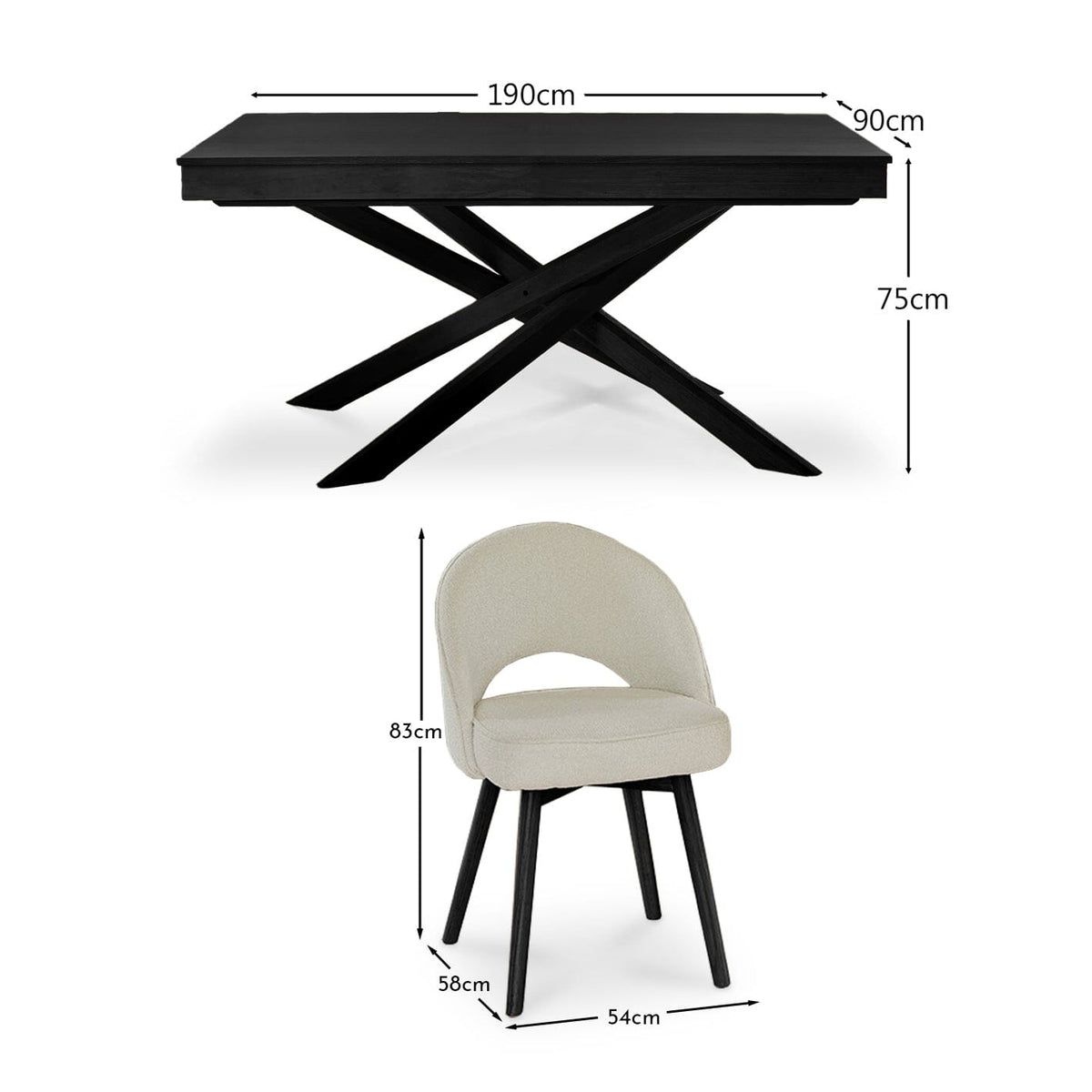 Amelia Black Dining Table Set - 6 Seater - Marilyn Boucle Dining Chairs - Black Legs