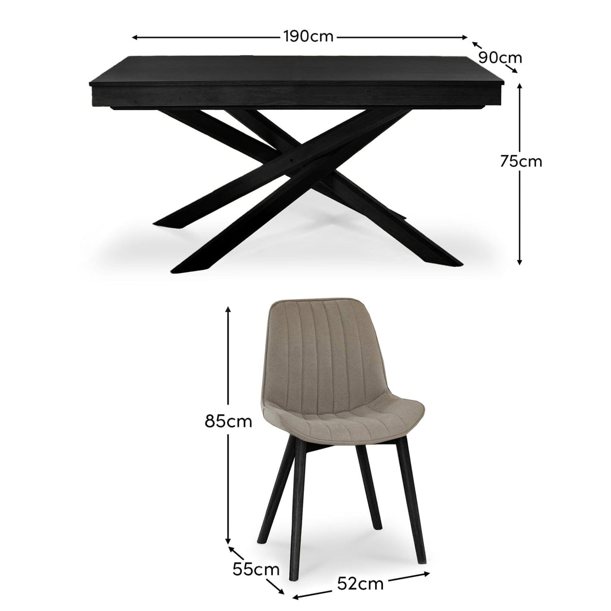 Amelia Black Dining Table Set - 6 Seater - Bella Soft Beige Dining Chairs - Black Legs