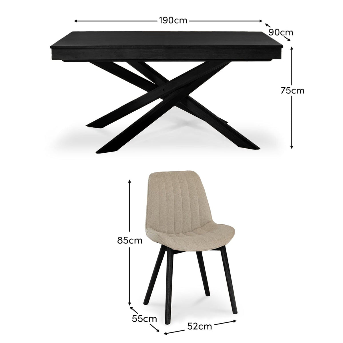 Amelia Black Dining Table Set - 6 Seater - Bella Light Beige Boucle Dining Chairs - Black Legs