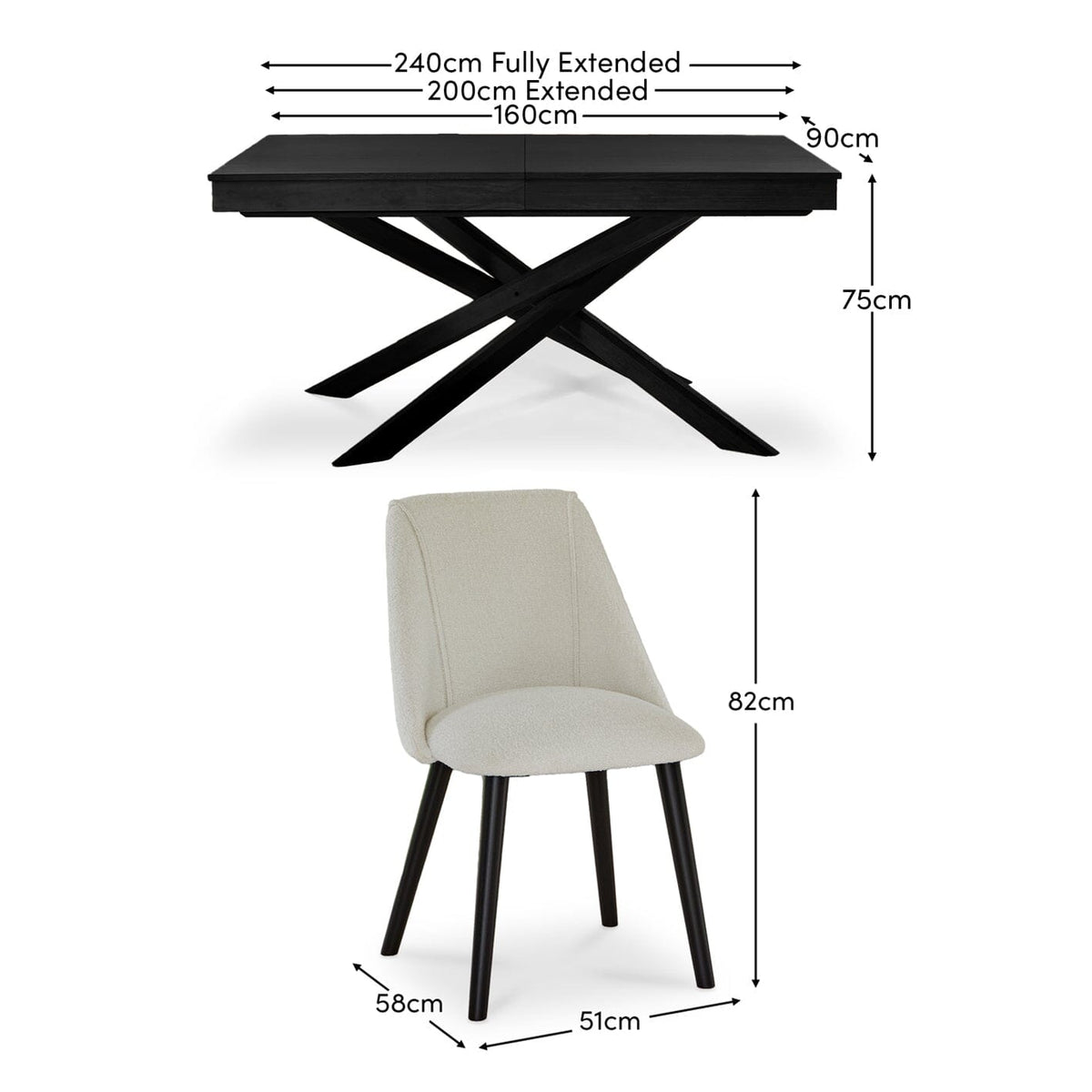 Amelia Black Extendable Dining Table Set - 6 Seater - Freya Boucle Dining Chairs - Black Legs