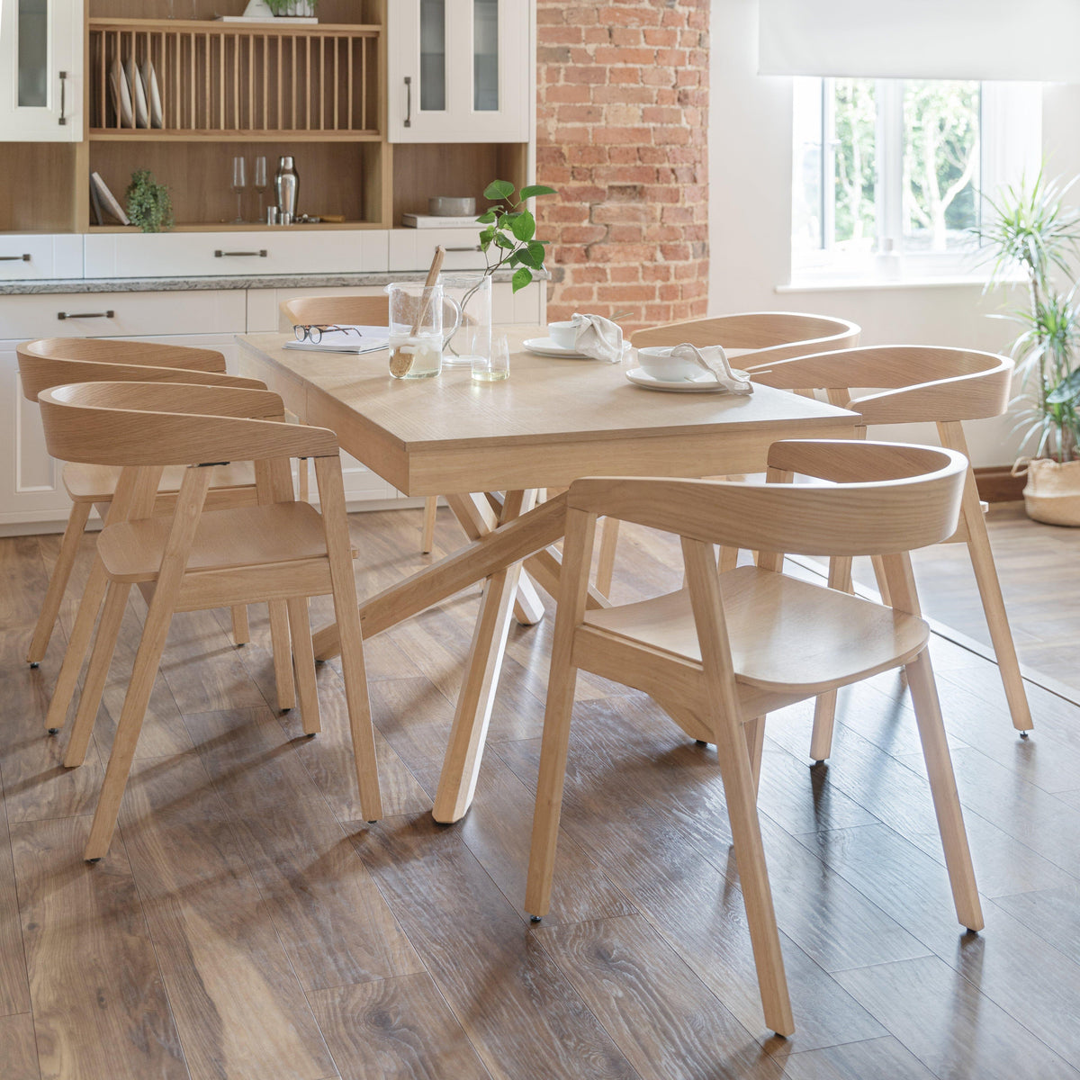 Amelia Whitewash Extendable Dining Table Set - 6 Seater - Ella Pale Oak Armchairs