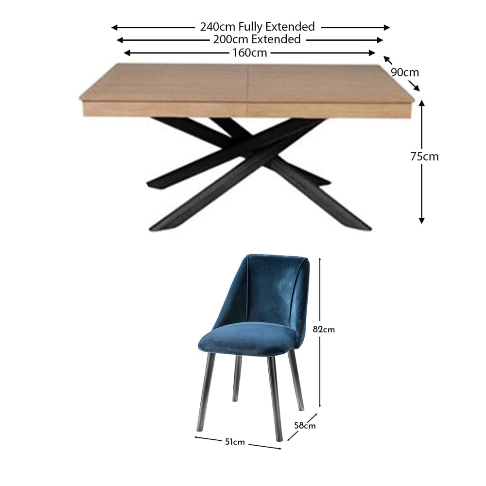 Amelia Whitewash Extendable Dining Table Set - 6 Seater - Freya Blue Dining Chairs - Black Legs