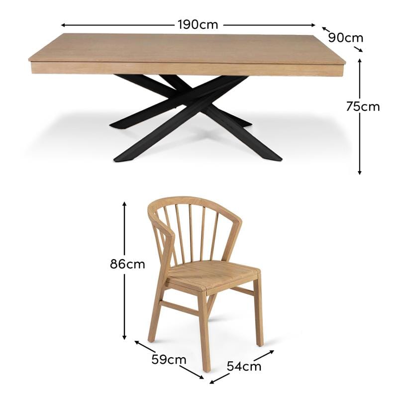 Amelia Whitewash Dining Table Set - 6 Seater - Mabel Pale Oak Spindle Back Chairs