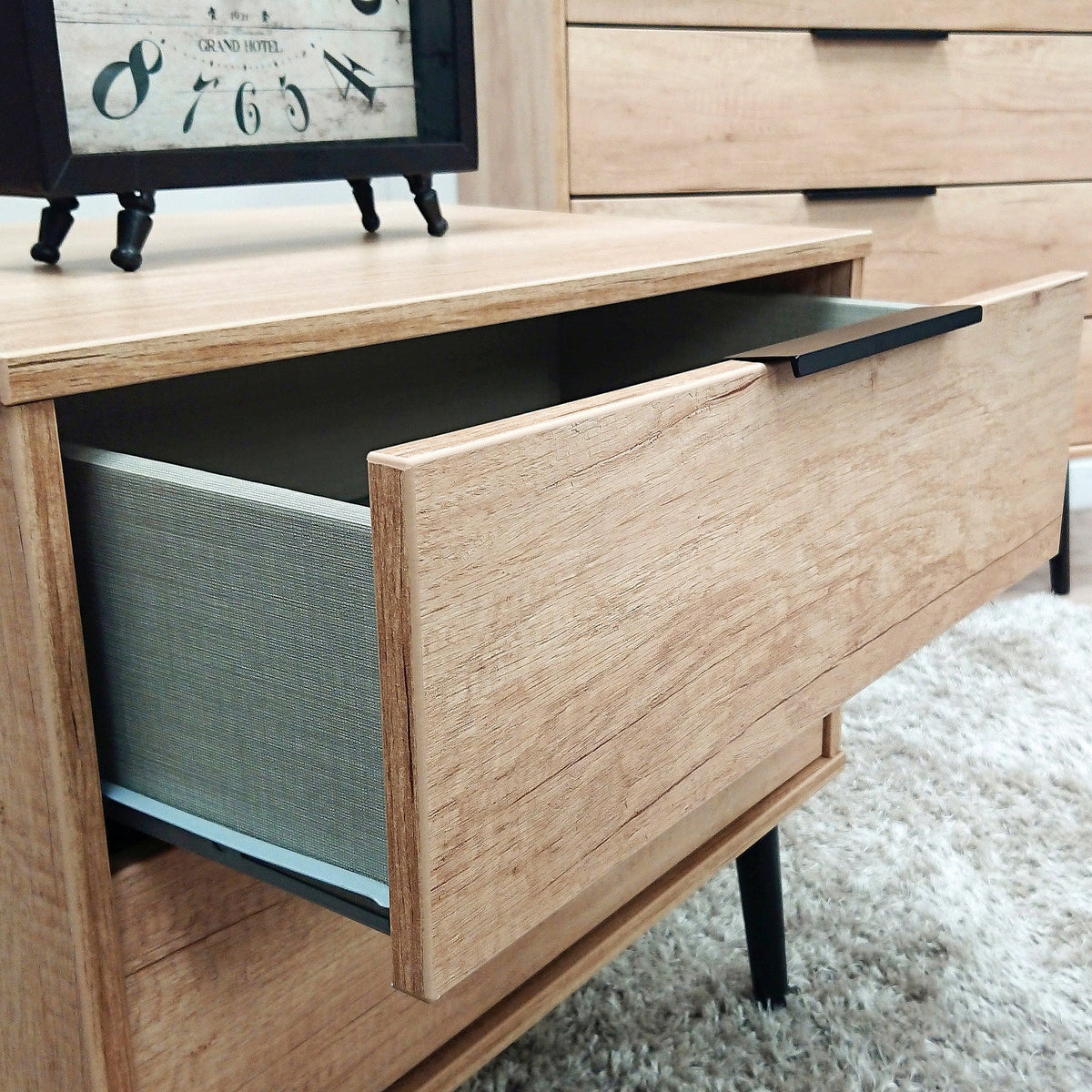Asher Light Oak 2 Drawer Side Table with Black Legs
