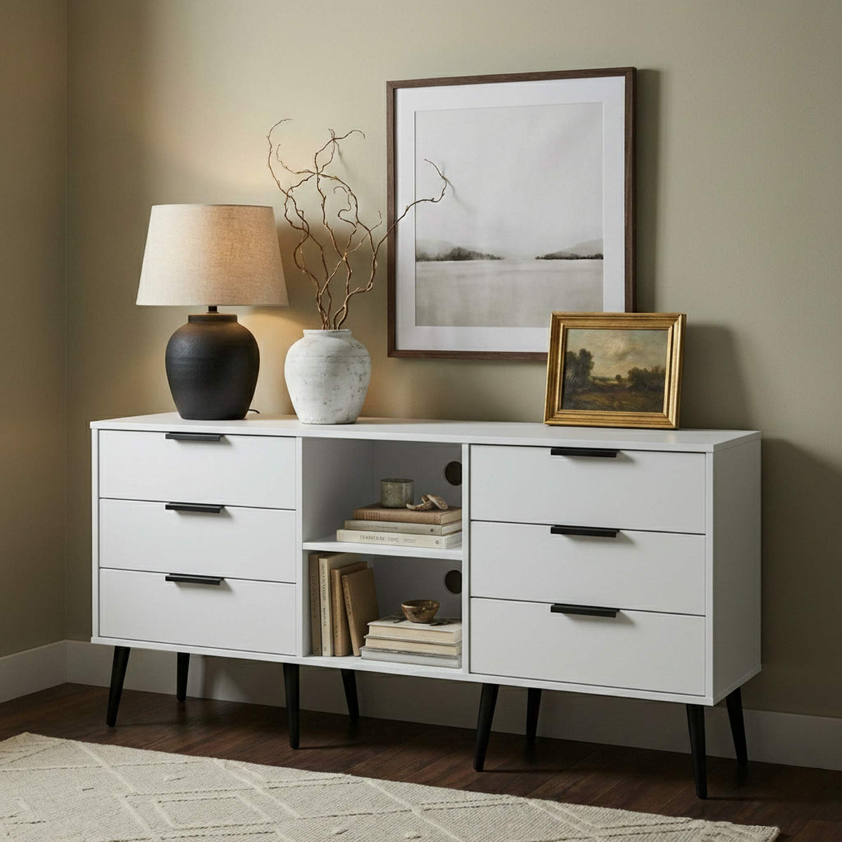 Asher White 6 Drawer Sideboard with Black Legs